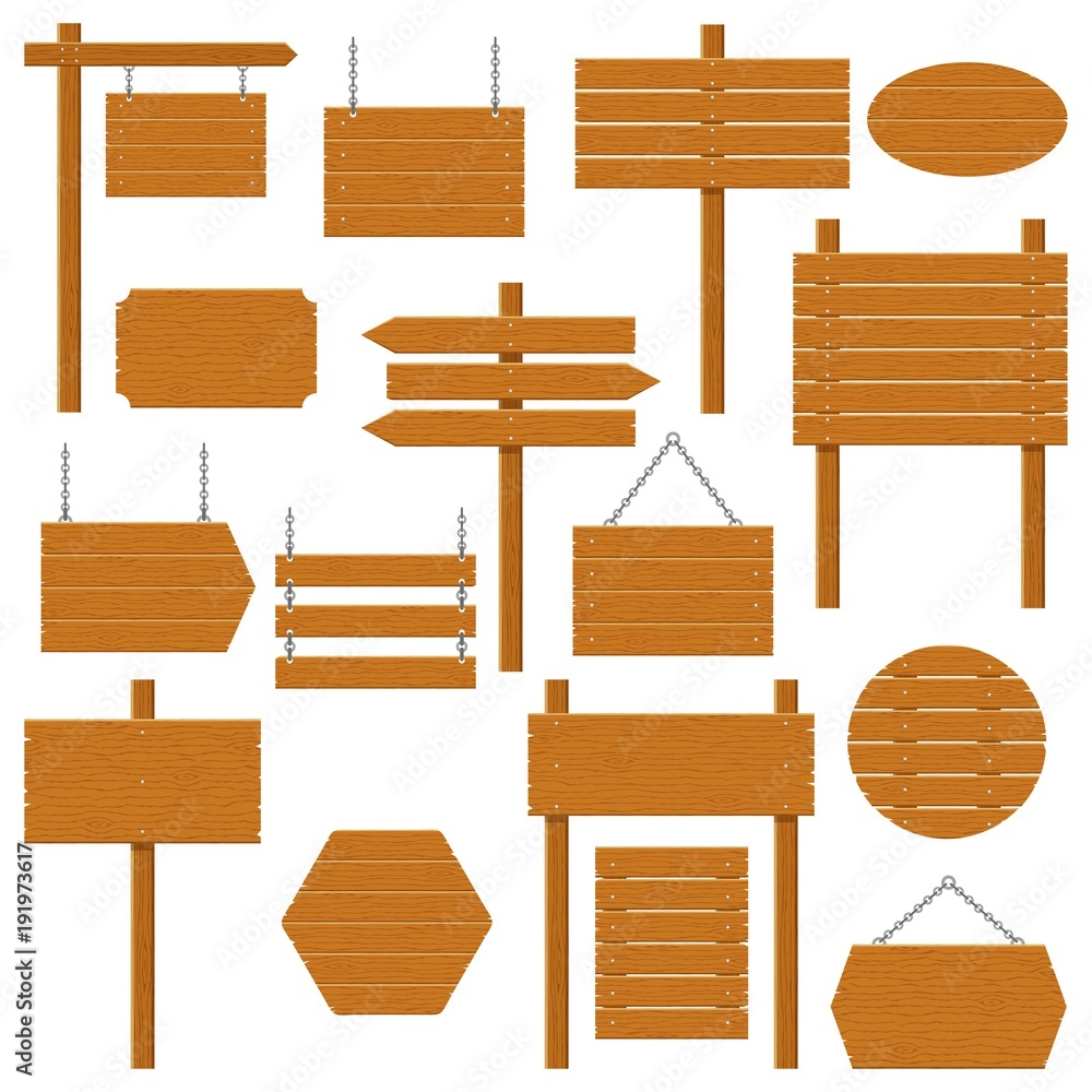 Wooden signboards and wood plank set isolated on white background. Signs and symbols to communicate a message on street or road, emblems, signages. Banner template with wood texture. Vector Wooden signboards and wood plank set isolated on white background. Signs and symbols to communicate a message on street or road, emblems, signages. Banner template with wood texture. Vector