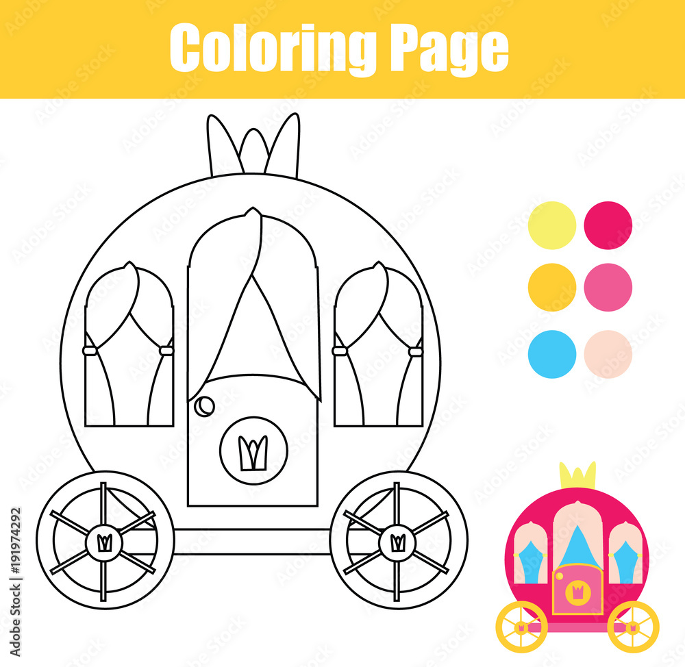 Coloring page with princess carriage. Drawing kids game. Printable