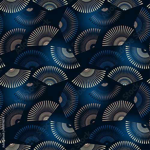 asian style bamboo fans seamless pattern in dark blue shades