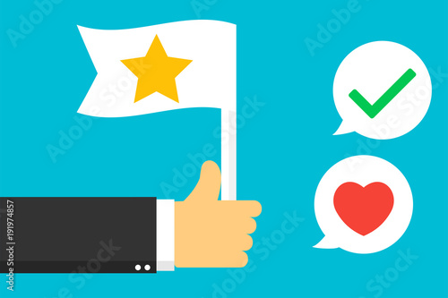 A business hand with a raised finger holds a flag with a star. Flat style. Business hand thumbs up with customer review, give a star