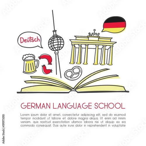 Vector illustration German language school. Open book and symbols of Germany: beer, the Brandenburg gate, the television tower, sausage, bagel. Hand drawn doodles isolated on white with place for text