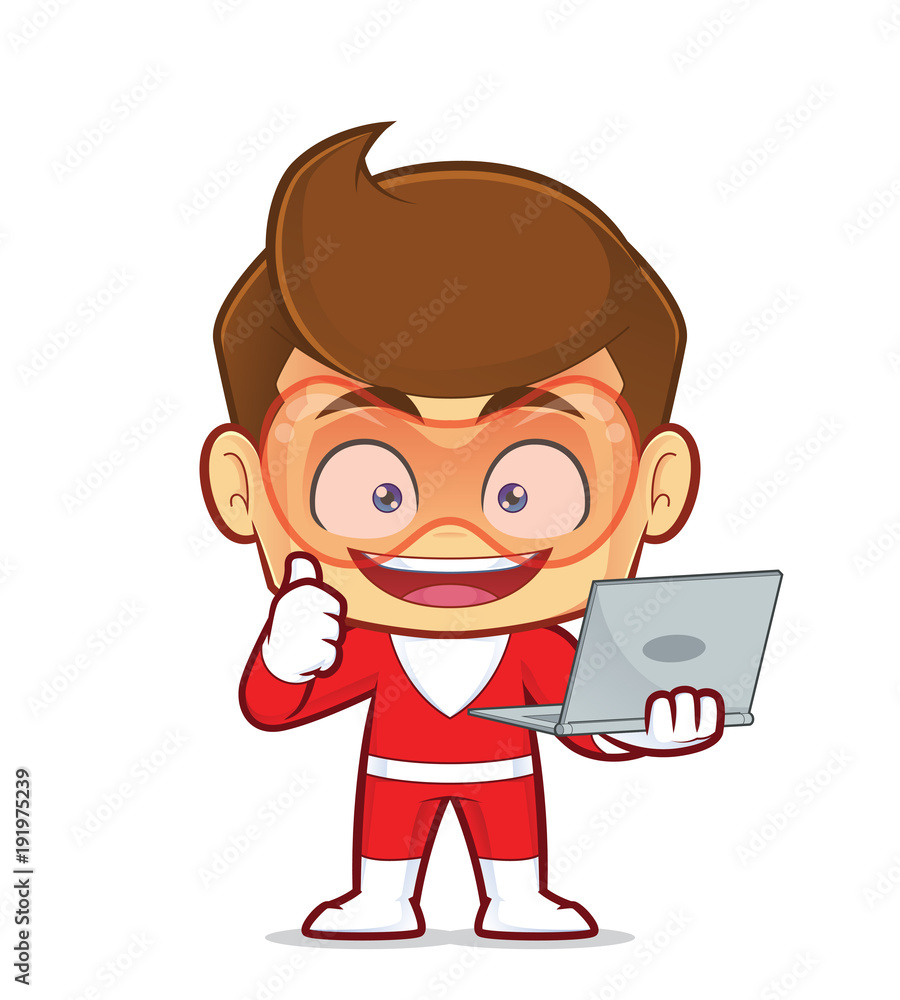 Clipart picture of a superhero cartoon character holding a laptop