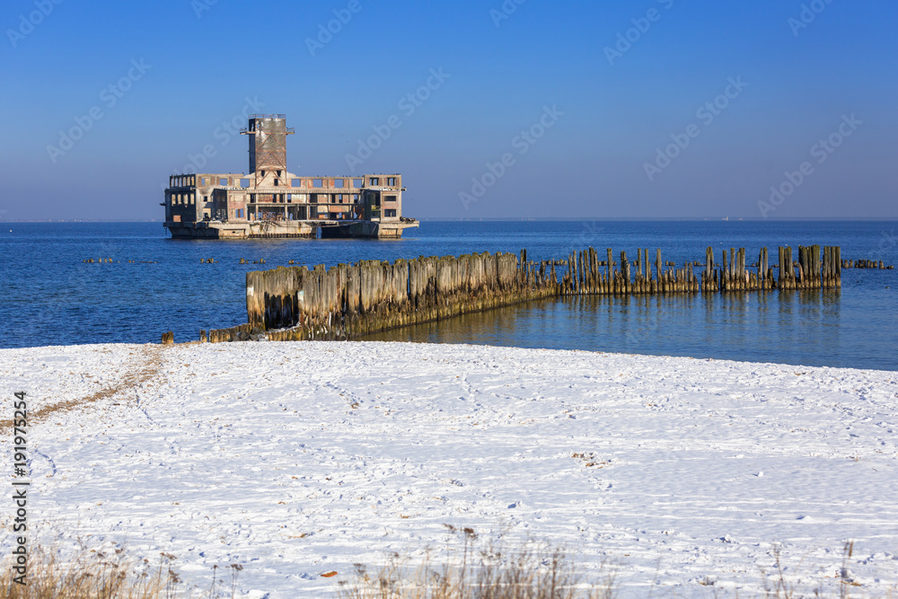 Fototapeta premium World war II torpedo platform at Baltic Sea in Babie Doly, Poland;