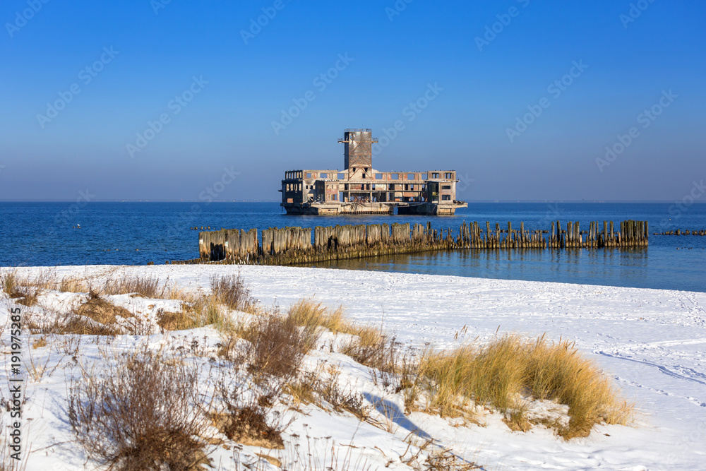 Fototapeta premium World war II torpedo platform at Baltic Sea in Babie Doly, Poland;
