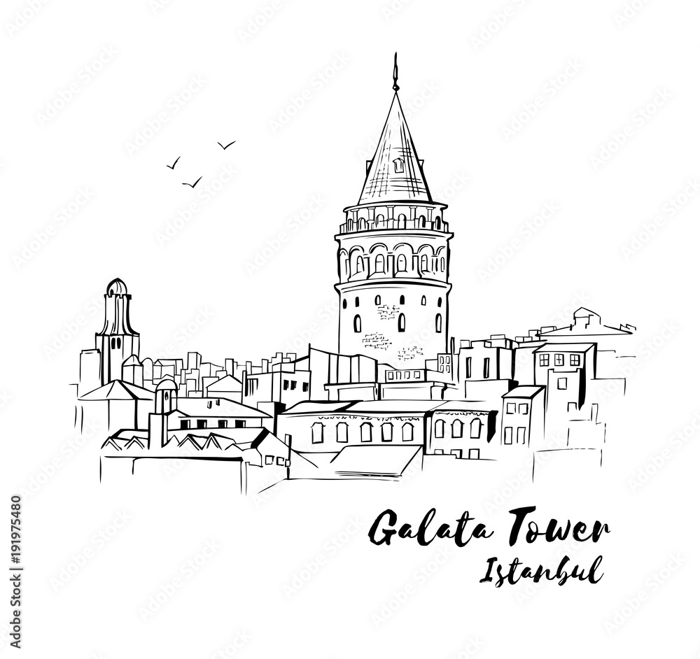 Vector sketchy illustration with a silhouette of the Galata Tower in Istanbul. Hand drawn famous turkish landmark. Black outline isolated on white background. Image for print, card, poster design.