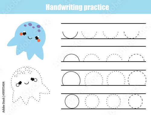 Handwriting practice sheet. Educational children game, printable worksheet for kids. Writing training printable worksheet. Arc shapes