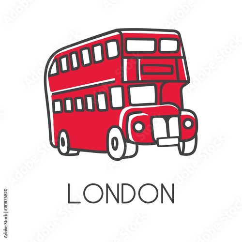 Modern vector illustration London with hand drawn doodle english symbol - red double decker bus. Simple minimalistic sketch design with black outline isolated on white. Touristic logo, icon.