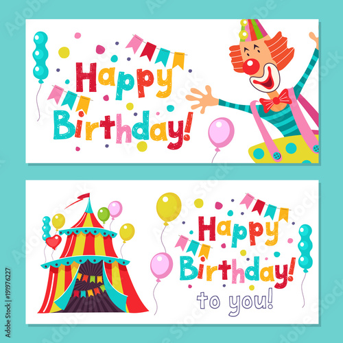 Happy birthday. The invitation to the birthday in the style of a circus show. Vector illustration.