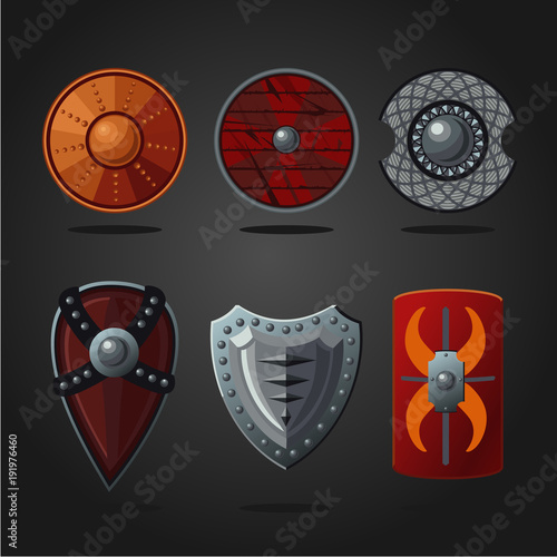 Antique fantasy shields set. Weapons collection. Game design concept.