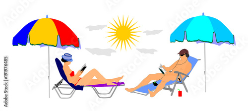 Young beautiful woman and man lying down on sun bed lounge chair on beach, and ridings a books. Summer luxury vacation by pool sunbathing.Handsome girl and boy on the beach. Skin care sun protection. 