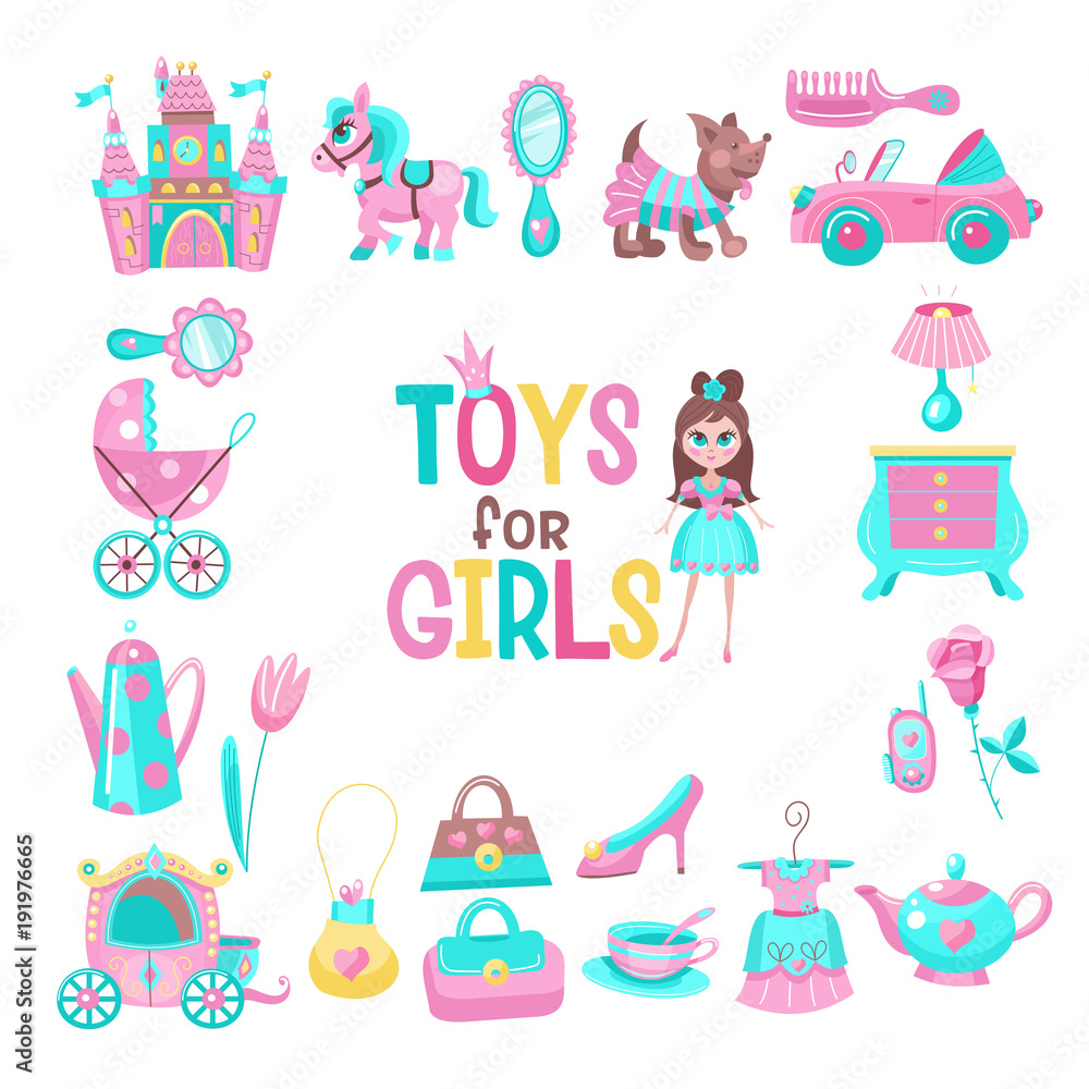Toys for little princesses. Set of vector cliparts. Toys for little princesses. Set of vector cliparts.