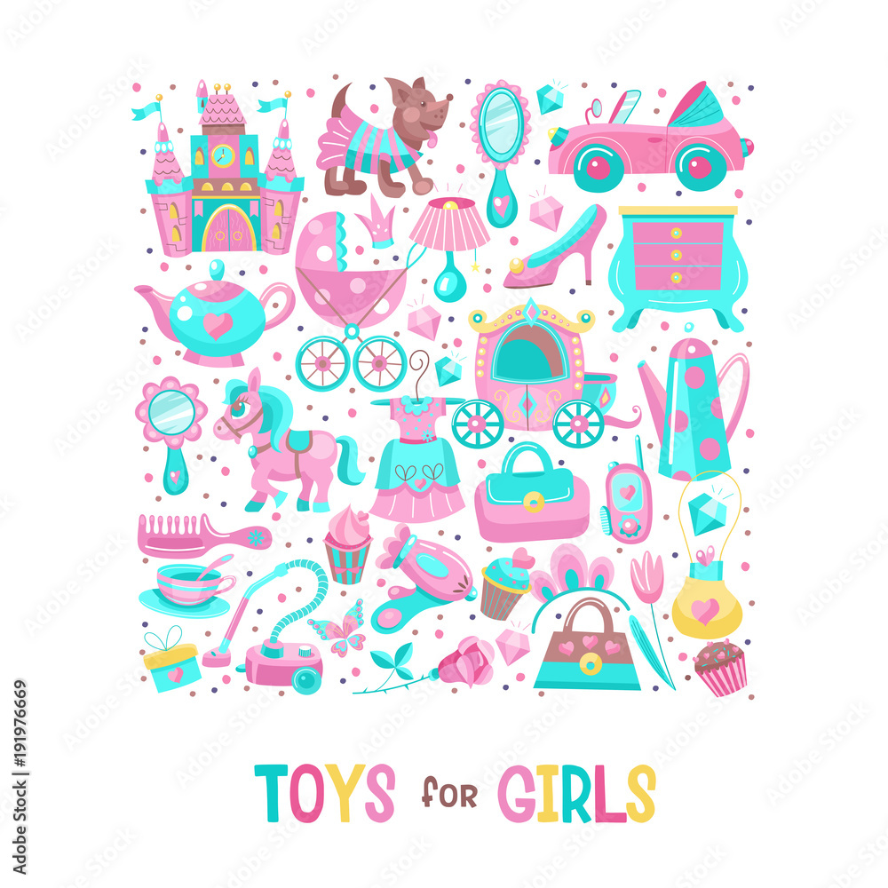 Toys for little princesses. Set of vector cliparts. Toys for little princesses. Set of vector cliparts.