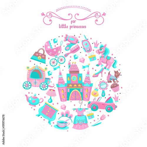 Toys for little princesses. Set of vector cliparts.
