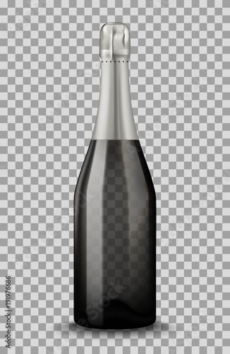 Vector Realistic black with silver closed Champagne bottle isolated on transparent background. Mockup template blank for product packing advertisement.