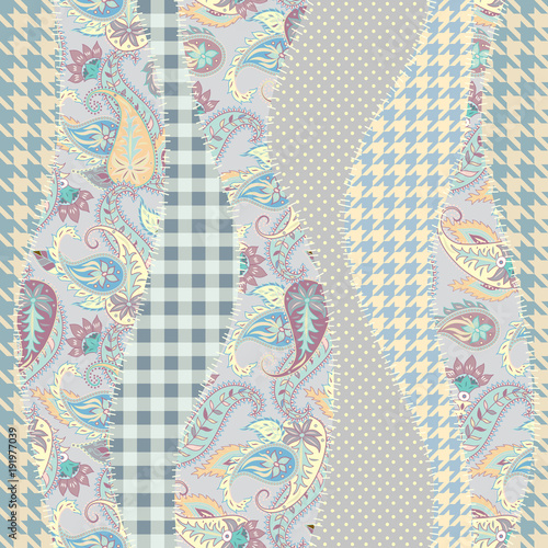 Seamless background pattern. Geometric patchwork pattern of a waves. Paisley ornament.