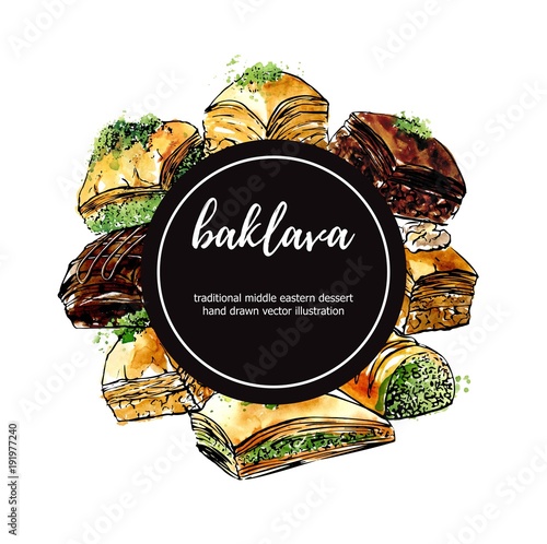 Vector illustration with famous middle eastern dessert Baklava. Hand drawn elements in circle composition with black round label and place for your text. Isolated black outline and colorful stains. 
