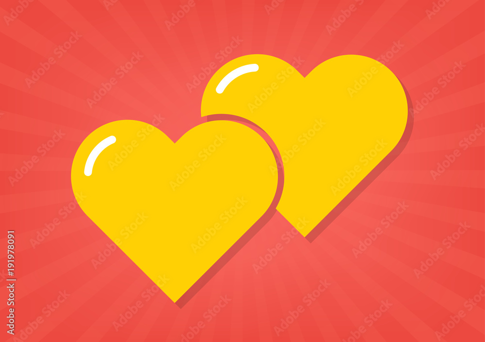 Big love two yellow hearts on red sunray background. Vector illustration love valentine concept.