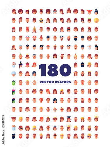 180 Vectorcool flat avatars icons. Positive male and female characters different ages, 