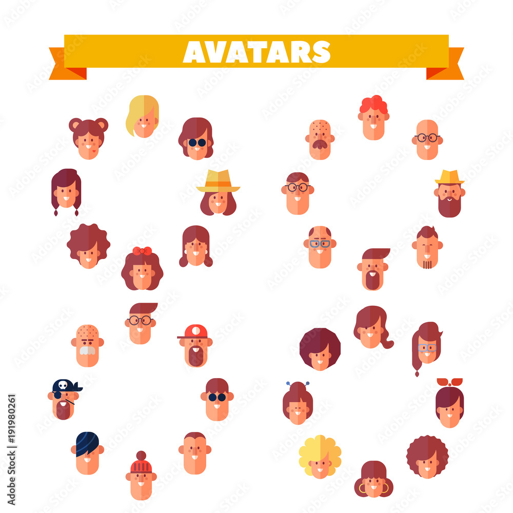 Fototapeta premium Vector round frame with color people icon. Male and Female characters. Cartoon style, flat vector illustration for design.