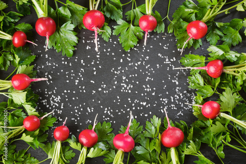 Fresh radish as border on slate dish. Top view. Copy space. Close up.