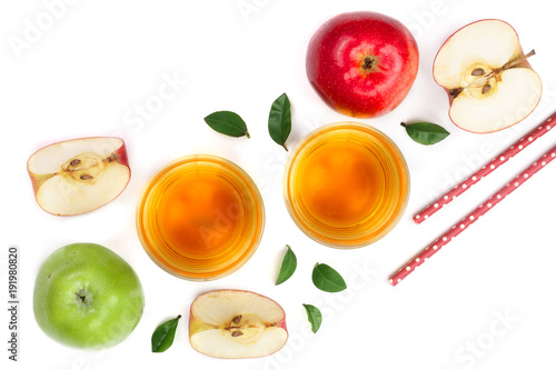 apple with juice and leaves isolated on white background top view. Flat lay pattern