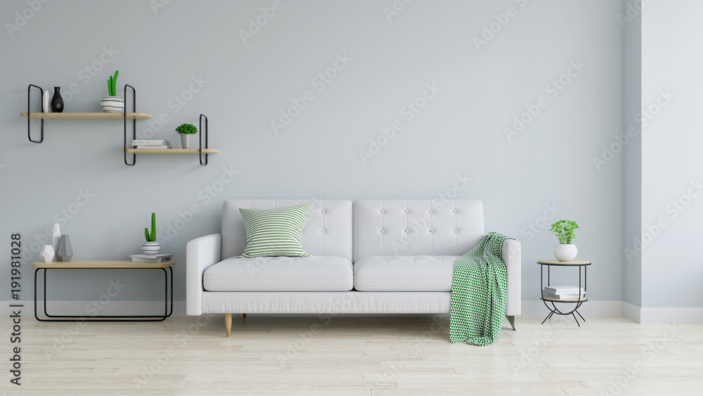 Modern and minamalist interior of living room , white sofa and wood table on white  blue wall and wood floor ,3d render - obrazy, fototapety, plakaty 
