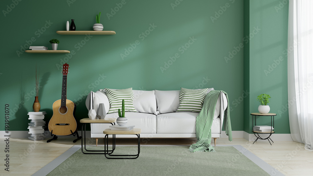 Modern mid century and minamalist interior of living room, eco space concept  design , white sofa and green plant on green wall and wood floor ,3d render - obrazy, fototapety, plakaty 