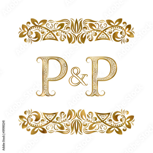 P and P vintage initials logo symbol. The letters are surrounded by ornamental elements. Wedding or business partners monogram in royal style.