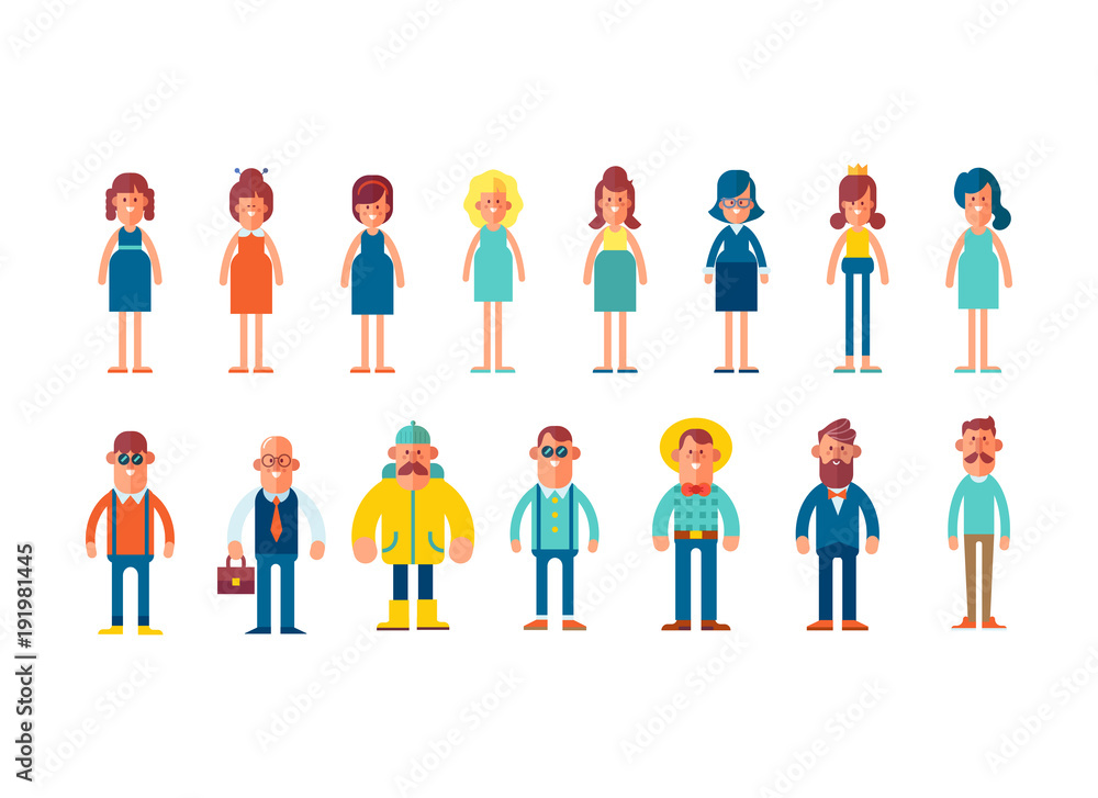 Big set of characters in flat style. Man and woman in different clothes. Cartoon style, vector illustration.