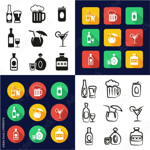 Alcohol All in One Icons Black & White Color Flat Design Freehand Set