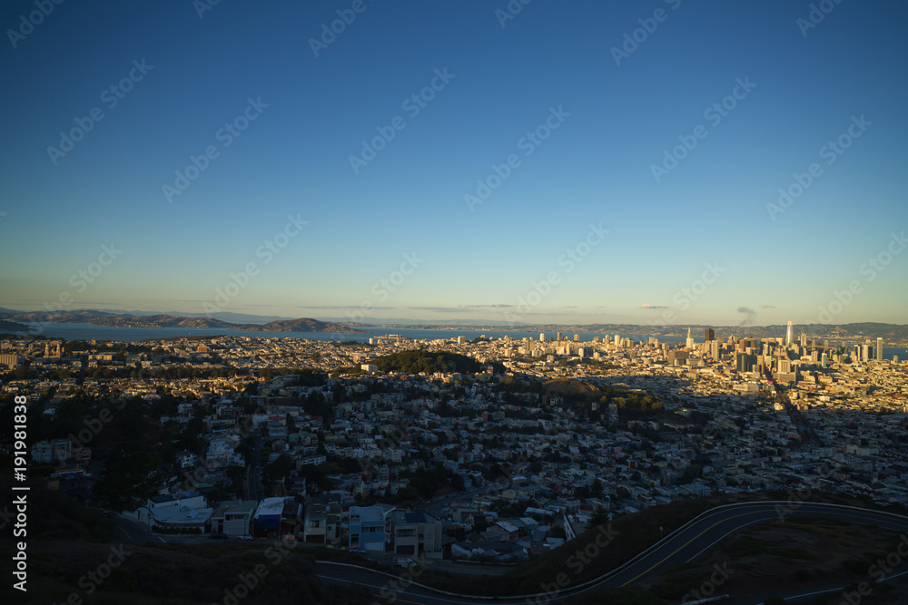 View of San Francisco at sunset from Twin Peaks