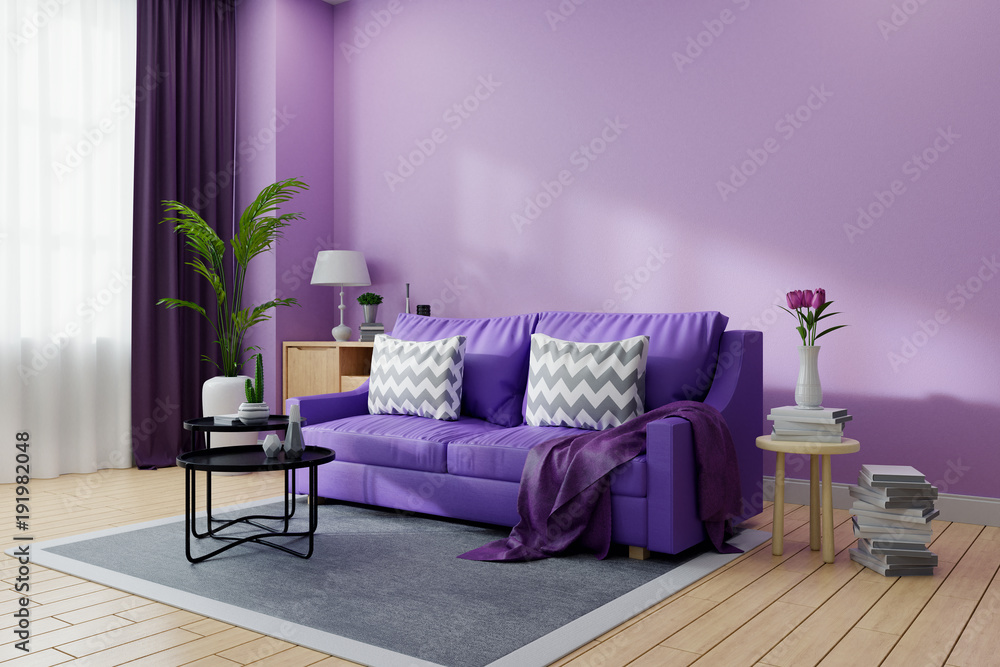 Cozy living room interior decorated,Ultraviolet home decor concept ,purple  sofa and black coofee table on light purple wall color and wooden floor ,3d  render ilustración de Stock | Adobe Stock