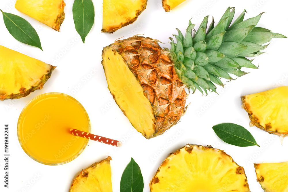 pineapple juice in a glass with pineapple slices isolated on white background. Top view. Flat lay pattern pineapple juice in a glass with pineapple slices isolated on white background. Top view. Flat lay pattern
