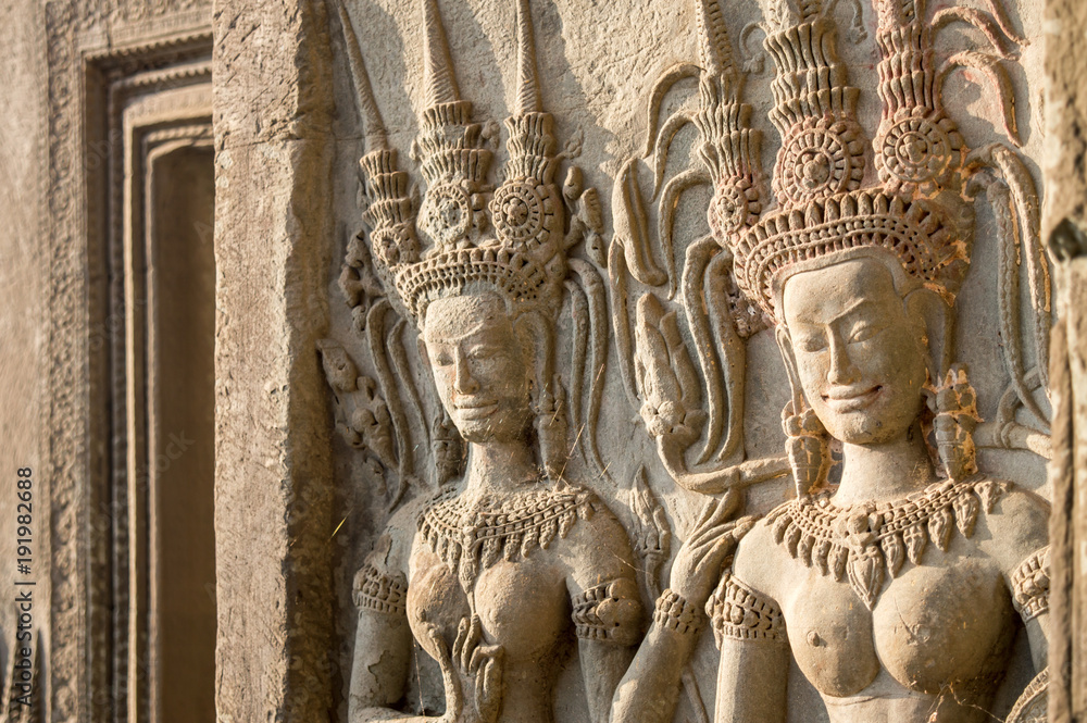 Detail of women statues in Angkor Wat, Siem Rep, Cambodia