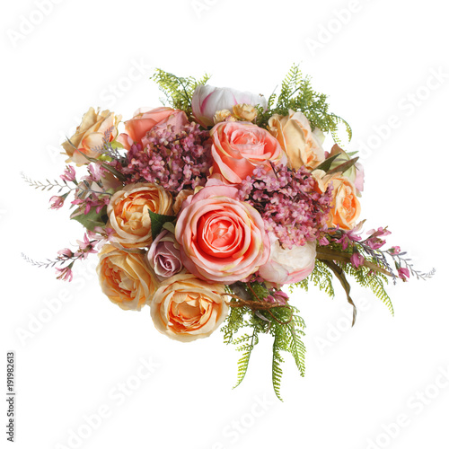 Beautiful bouquet in orange-pink tones isolated on white background.