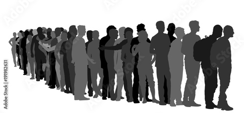 Group of people waiting in line vector silhouette isolated on white background. Group of refugees, migration crisis in Europe. War migration waves going through Schengen Area. Border situation in EU. photo