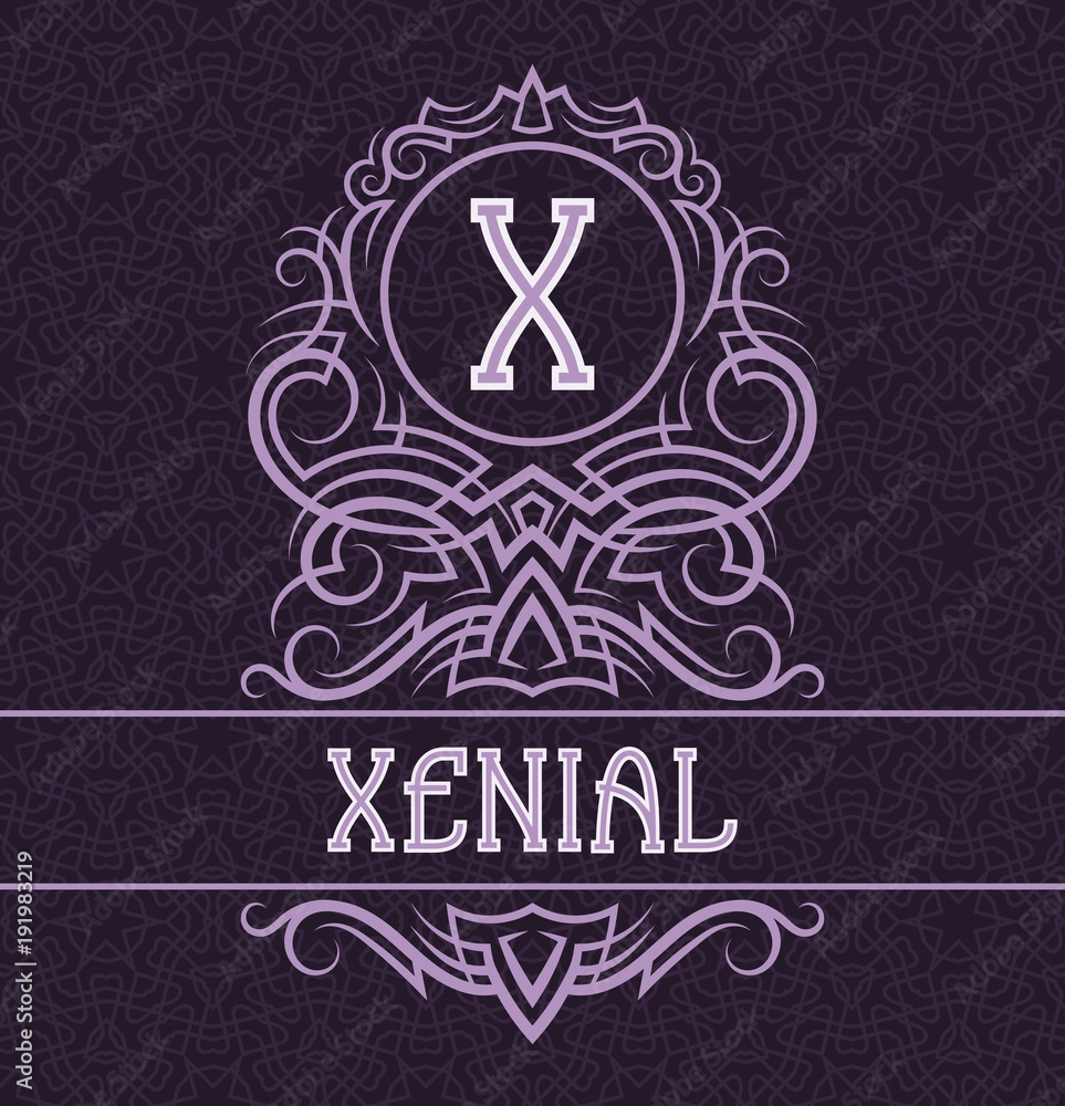 Vintage label design template for xenial product. Vector monogram with ...