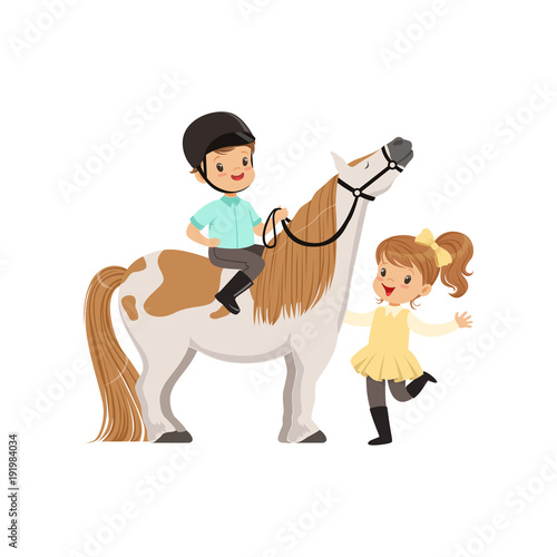 Cheerful little boy jockey sitting on pony horse, beautiful girl standing next to him, childrens equestrian sport vector Illustration