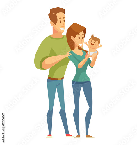 Happy couple with newborn baby. Happy family portrait. 