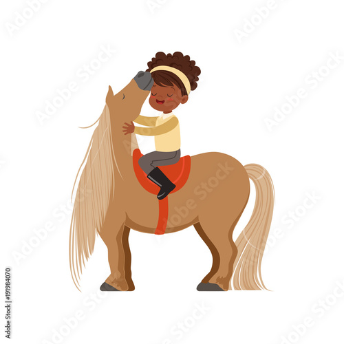 Lovely African American little girl riding pony horse, childrens equestrian sport vector Illustration