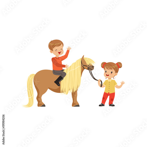 Cute little boy jockey sitting on pony horse, beautiful girl leading horse by the bridle, childrens equestrian sport vector Illustration