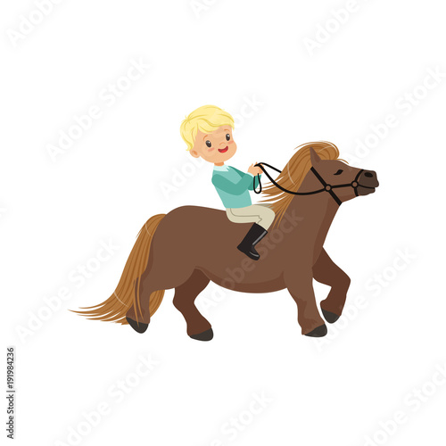 Cheerful blonde little boy riding pony horse, childrens equestrian sport vector Illustration