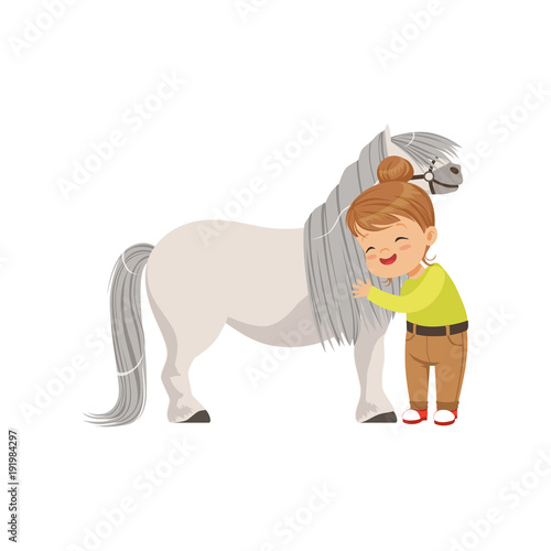 Lovely little girl hugging pony horse  kid taking care of her animal vector Illustration