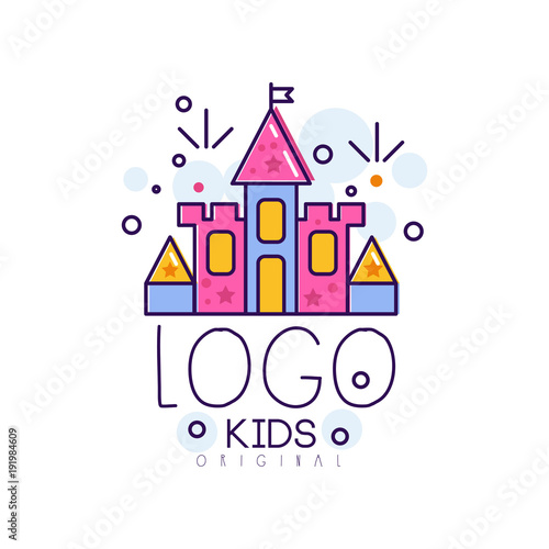 Logo kids creative concept template, design element with castle hand drawn vector Illustration isolated on a white background