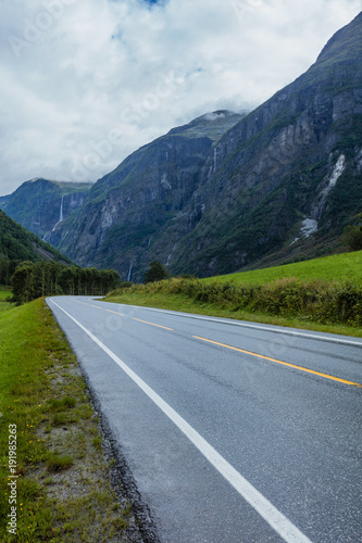 Norway landscape. Road, Waterfalls, mountains
