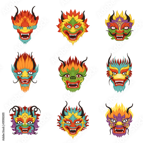 Chinese dragon heads set, Chinese New Year symbol vector Illustrations