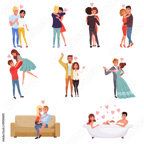 Young men and women characters embracing, dancing and kissing set, happy romantic loving couples cartoon vector Illustrations