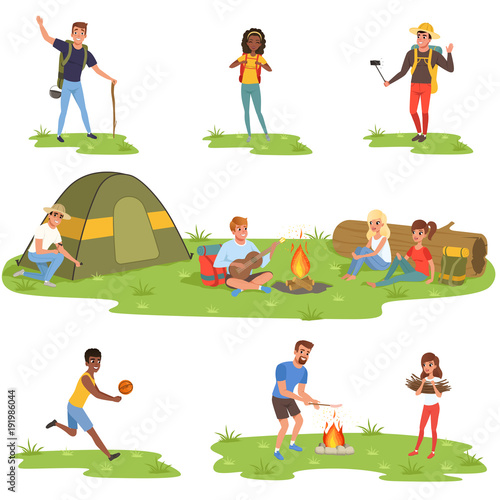 Camper people set, tourists traveling, camping and relaxing vector Illustrations