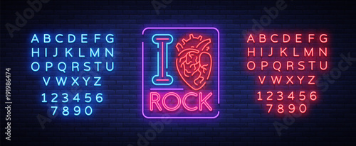 I love rock. Neon sign, bright banner, symbol, poster on the theme of rock n roll music, for a party, concert, festival, musical fest. Vector illustration. Editing text neon sign