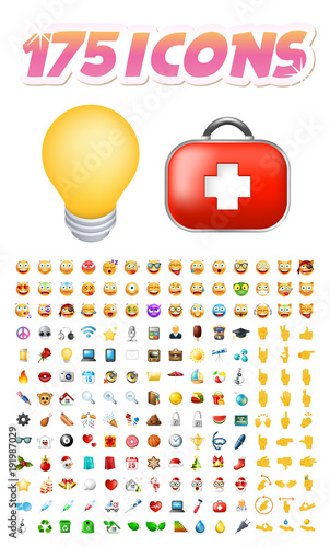 Set of 175 Realistic Cute Icons on White Background . Isolated Vector Illustration 